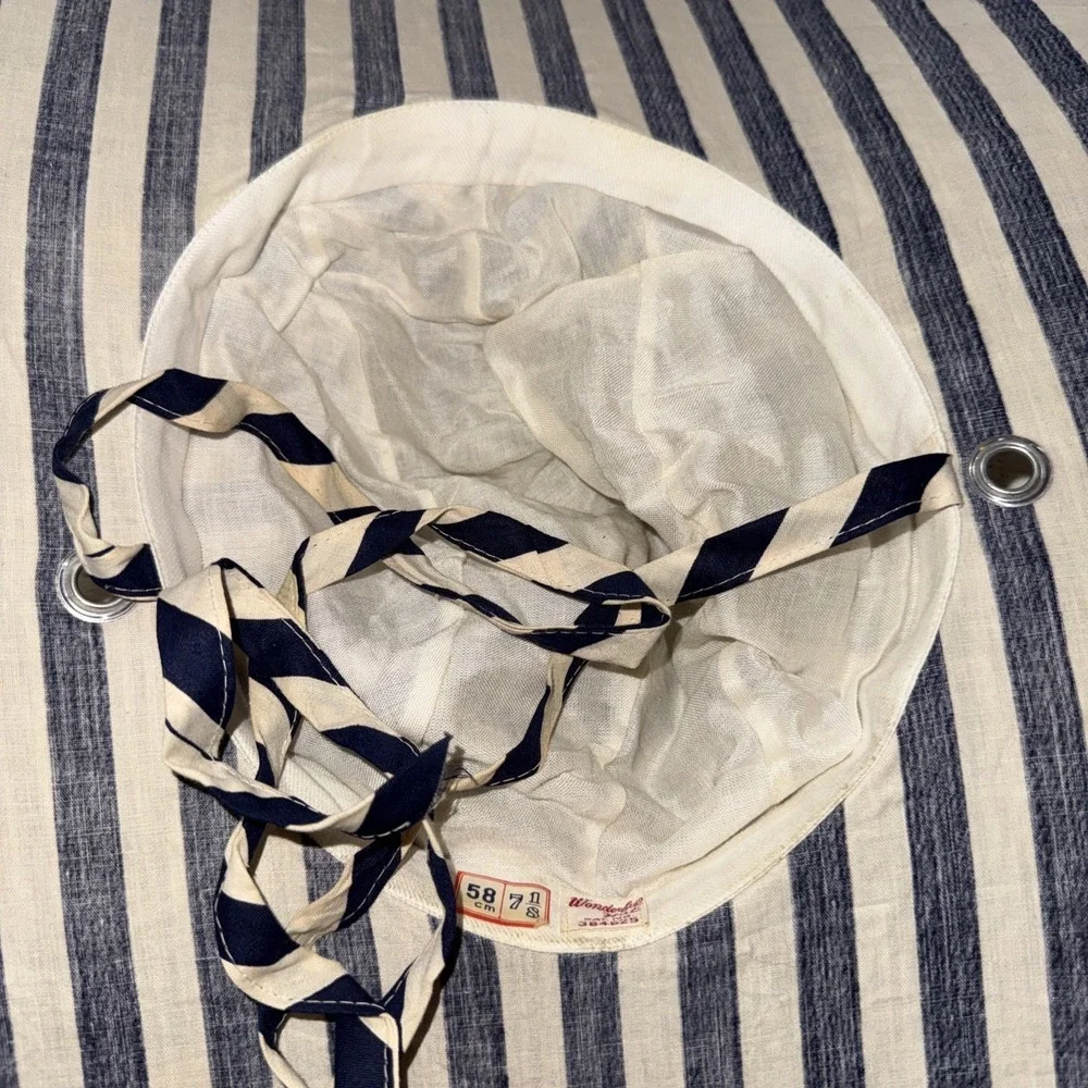 Vintage Wonderful Hat Women's Blue White Wide Brim Sun Beach Fold Up Pouch Read